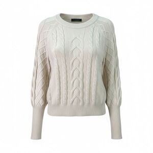 Tahari Cable Knit Sweater Cream Textured Pullover Women's Medium Balloon Sleeve‎